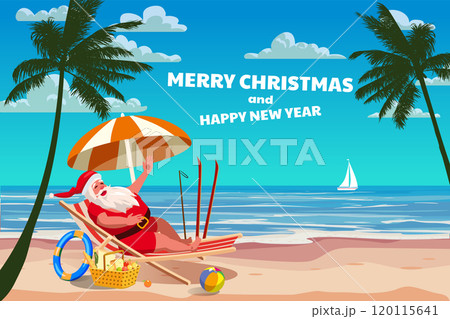 Santa Claus on the resort tropical, resting in deck chair with cocktail 120115641