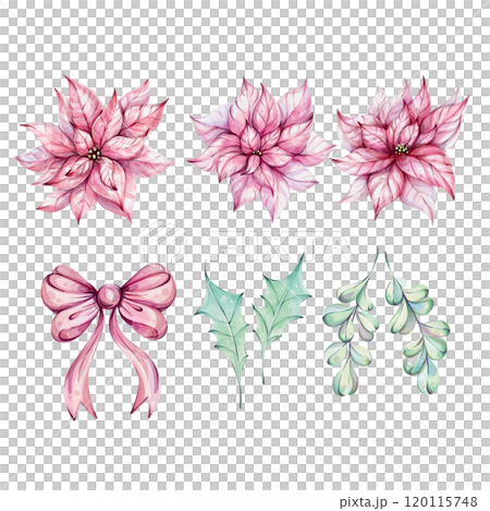 Christmas clip art - watercolor Red poinsettia flowers with holly leaves and bow. Illustration hand drawn for design, printing, greeting cards Christmas clip art - watercolor Red poinsettia flowers with holly leaves and bow. Illustration hand drawn for design, printing, greeting cards 120115748