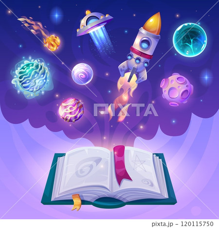 Universe book imagination. Open fantasy storybook or astronomy textbook with night space galaxy investigation cartoon background, children read education swanky vector illustration Universe book imagination. Open fantasy storybook or astronomy textbook with night space galaxy investigation cartoon background, children read education swanky vector illustration 120115750