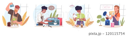 Professional baristas. Guy or girl barista worker in apron brew hot coffee pouring milk, making espresso mug coffeehouse shop business job service, set classy vector illustration 120115754