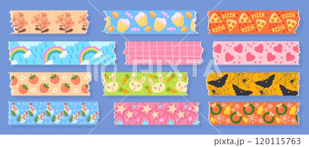 Washi tapes. Colourful scotch scrapbook stripes flowers hearts pumpkins pizza, decorative masking tape sticky labels chevron japanese craft strip pattern neat vector illustration 120115763