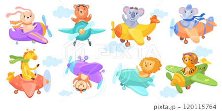 Cartoon animals in airplane. Cute baby animal pilot in propeller plane, fun little elephant koala bear flying aircraft air travel children characters set, neat vector illustration Cartoon animals in airplane. Cute baby animal pilot in propeller plane, fun little elephant koala bear flying aircraft air travel children characters set, neat vector illustration 120115764