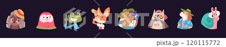 Animal muzzle avatars. Cute popular animal heads avatar stickers set, funny pets faces portraits cartoon characters owl dog fox frog walrus snail muzzles game vector illustration Animal muzzle avatars. Cute popular animal heads avatar stickers set, funny pets faces portraits cartoon characters owl dog fox frog walrus snail muzzles game vector illustration 120115772