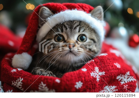 Cute kitten in festive hat during holiday season 120115894