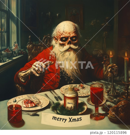 A skeletal Santa celebrating Christmas at dinner 120115896