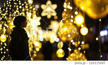 Wondering under bright festive lights at night 120115897