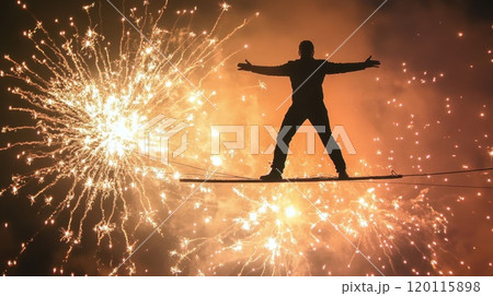Tightrope walker amid fireworks 120115898