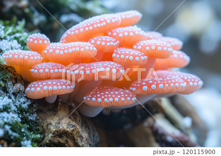 Colorful mushrooms on mossy ground 120115900
