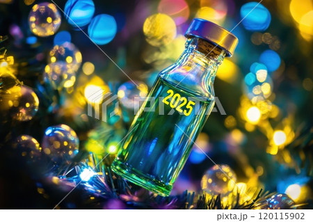 Sparkling bottle with 2025 on a festive tree 120115902