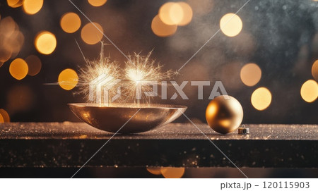 Celebratory sparks and festive decor on a table 120115903