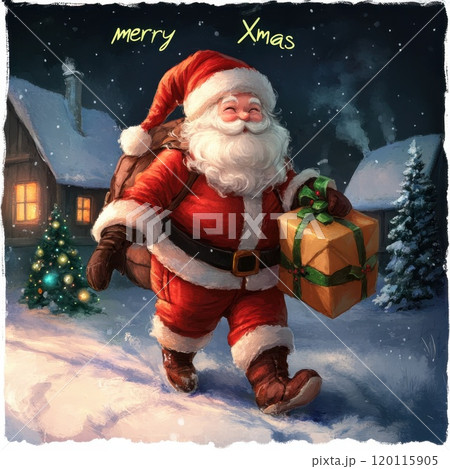 Santa walks in snow with gifts at night 120115905