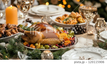 Festive dinner feast with roast turkey and sides 120115906
