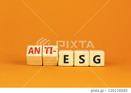 Anti-ESG environment social governance symbol. Concept word Anti-ESG on wooden cubes. Beautiful orange background. Business Anti-ESG environment social governance concept. Copy space Anti-ESG environment social governance symbol. Concept word Anti-ESG on wooden cubes. Beautiful orange background. Business Anti-ESG environment social governance concept. Copy space 120116085