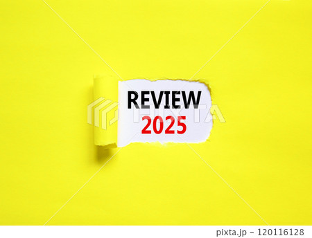 Planning review 2025 new year symbol. Concept words Review 2025 on beautiful white paper. Beautiful yellow paper background. Business review 2025 new year concept. Copy space. 120116128