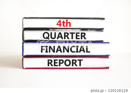 4th quarter financial report symbol. Concept words 4th quarter financial report on beautiful books. Beautiful white table white background. Business 4th quarter financial report concept. Copy space. 120116129