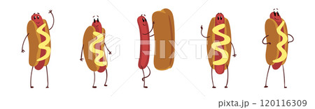 Funny Hot Dog Character with Face Different Activity Vector Set Funny Hot Dog Character with Face Different Activity Vector Set 120116309