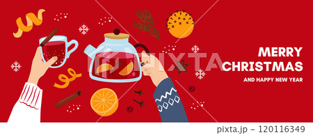 Merry Christmas banner. Group of people drinking winter drinks. People celebrate Christmas and New Year together. Hands hold glasses of mulled wine. Merry Christmas banner. Group of people drinking winter drinks. People celebrate Christmas and New Year together. Hands hold glasses of mulled wine. 120116349