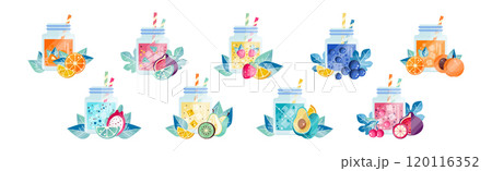 Glass Jar with Detox Fruit and Berry Drink with Straw Vector Set Glass Jar with Detox Fruit and Berry Drink with Straw Vector Set 120116352