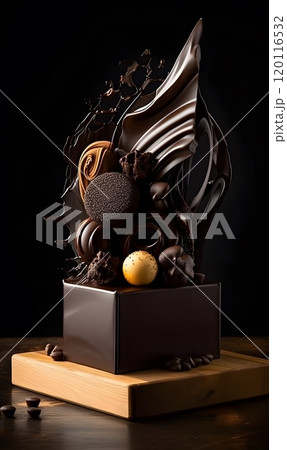Abstract chocolate art cake on wooden table for gourmet display and design projects Abstract chocolate art cake on wooden table for gourmet display and design projects 120116532