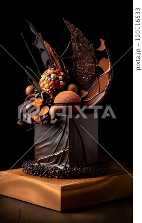 Abstract chocolate cake on wooden table exquisite dessert art for culinary inspiration Abstract chocolate cake on wooden table exquisite dessert art for culinary inspiration 120116533