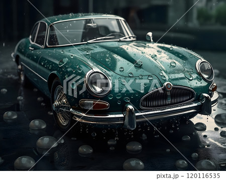 Classic green car with water drops: timeless automotive elegance in rainy scene 120116535