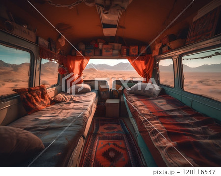 Cozy road trip adventure in desert landscape - van interior design for travel inspiration 120116537