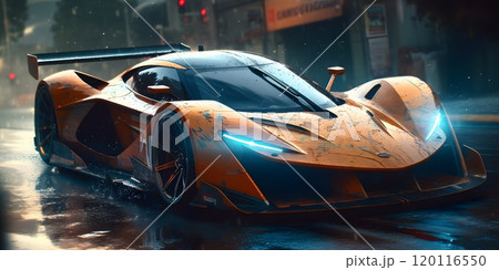 Futuristic racing car on wet urban road - concept art for automotive design 120116550
