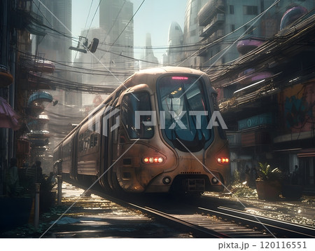 Futuristic train journey through cyberpunk cityscape 120116551