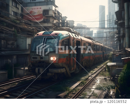 Futuristic train navigating through cyberpunk cityscape for concept art and design Futuristic train navigating through cyberpunk cityscape for concept art and design 120116552