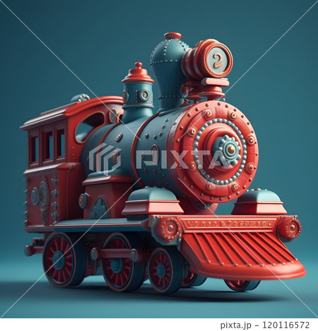 Vintage red clockwork toy train against light blue background for nostalgic decor 120116572