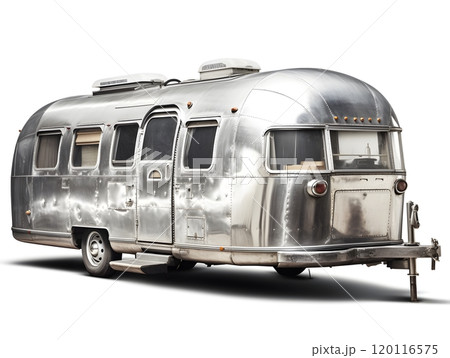 Vintage silver airstream travel trailer on isolated white background for design and advertising Vintage silver airstream travel trailer on isolated white background for design and advertising 120116575