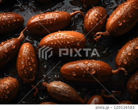 Seamless background of fresh sweet tamarind pods with water droplets for natural designs 120116583