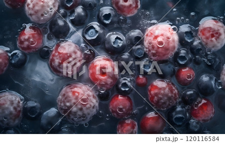 Seamless background of frozen berries under frosty surface for food and beverage designs 120116584