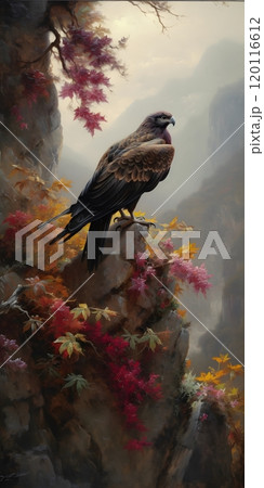Majestic condor perched amidst autumn foliage in serene mountain landscape 120116612