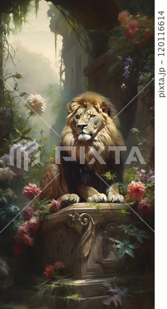 Majestic lion amidst enchanting floral landscape by pieter franciscus dierckx 120116614