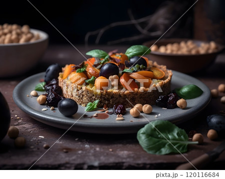 Crispy vegan quinoa pie with tomato chickpea dressing for gourmet dining 120116684