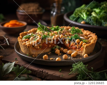 Crispy vegan quinoa pie with tomato chickpea dressing for healthy dining 120116685