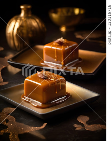 Decadent caramel desserts on elegant plates for fine dining and culinary inspiration 120116716