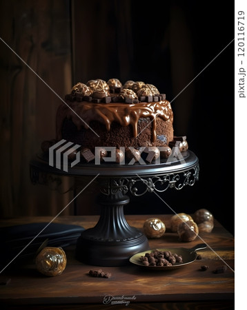 Decadent chocolate cake on ornate stand for dessert display or bakery decor Decadent chocolate cake on ornate stand for dessert display or bakery decor 120116719