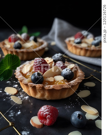 Delicious tartelette bourdaloue desserts with fresh berries and almonds Delicious tartelette bourdaloue desserts with fresh berries and almonds 120116726