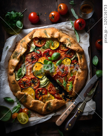 Rustic tomato and courgette khorasan galette for a farm-to-table feast 120116753