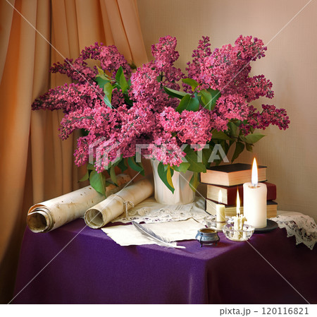 Still life from ancient book and lush boquet 120116821