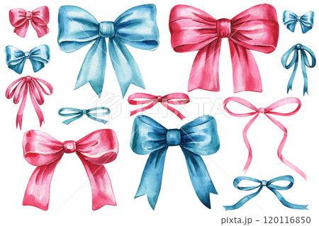 watercolor pink and blue bows illustration, hand-painted ribbons isolated on white background, cute decorative elements watercolor pink and blue bows illustration, hand-painted ribbons isolated on white background, cute decorative elements 120116850