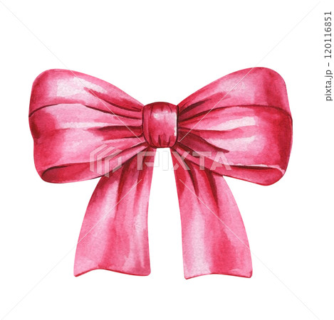 watercolor pink bow illustration, hand-painted ribbon isolated on white background, cute decorative element for design 120116851