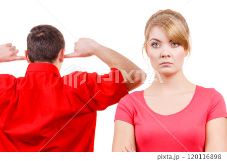 Couple having argument. Man and woman in disagreement Couple having argument. Man and woman in disagreement 120116898