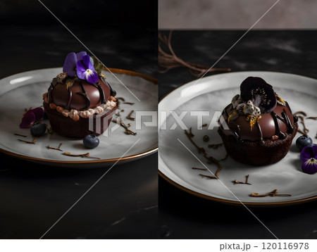 Elegant chocolate cupcakes with edible flowers on marble plates Elegant chocolate cupcakes with edible flowers on marble plates 120116978