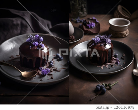 Elegant chocolate cupcakes with purple flower garnish - perfect for dessert menus and event decor Elegant chocolate cupcakes with purple flower garnish - perfect for dessert menus and event decor 120116979