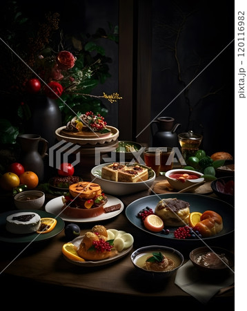 Elegant dark-themed dining: assorted gourmet dishes for luxurious dining experience 120116982