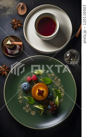 Elegant dessert and coffee setup with spices and fresh berries for culinary design 120116983