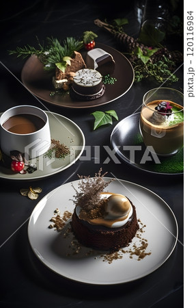 Elegant dessert arrangement with coffee and cakes for gourmet dining 120116984